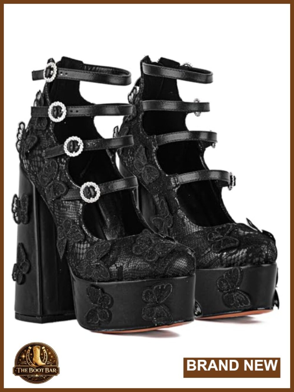 Lace Butterfly Platform Chunky Heels Square Toe Ankle Strap Mary-Jane Pumps